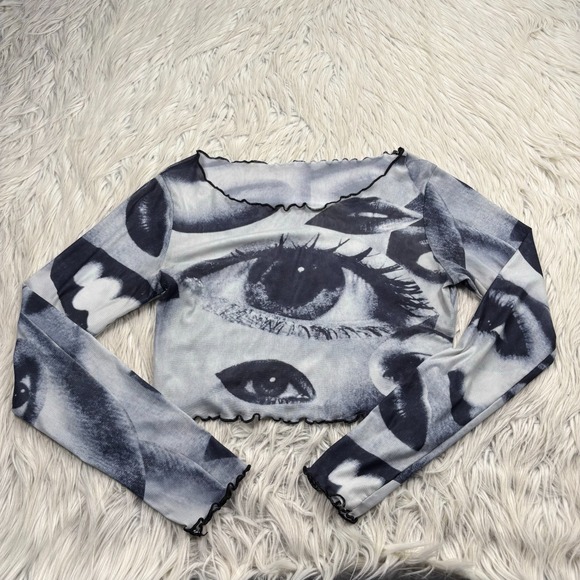 The Unbranded Brand Tops - Unbranded Women's S Eye Face Print Cropped Mesh Top Lettuce Edge Artsy E-Girl